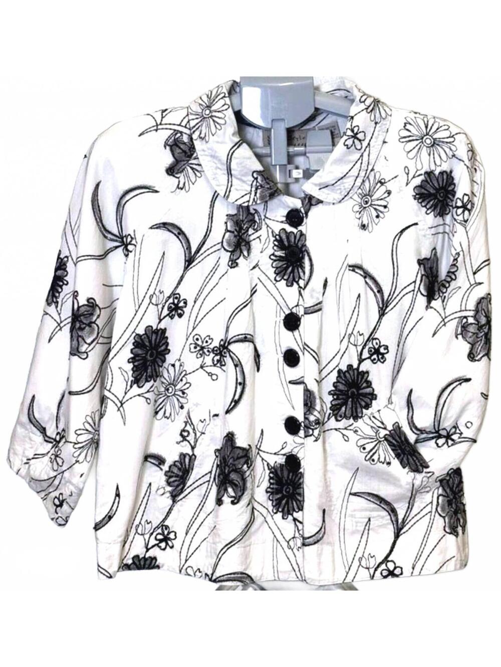 Women's White and Black Floral Button-Up Shirt/Jacket 100%Cotton w/Pockets